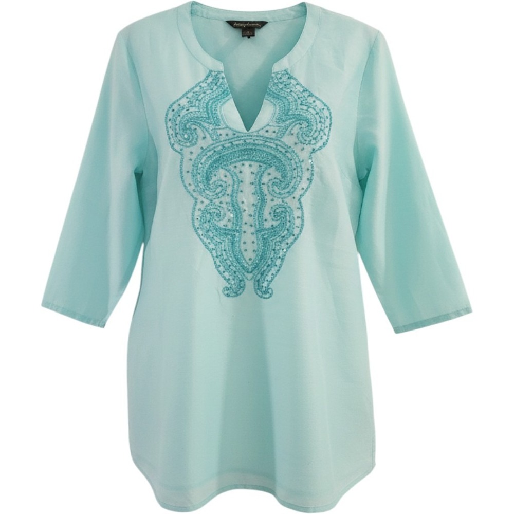 Tommy Bahama Women Aqua Blue Cotton Silk Embroidered Sequin Tunic Top Size 2